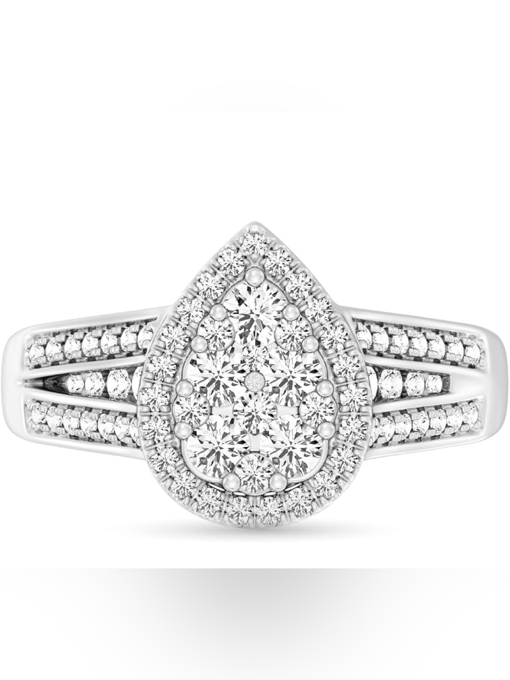 1 CTW Diamond Halo Ring Pear Shaped 925 Sterling Silver 14K White Go